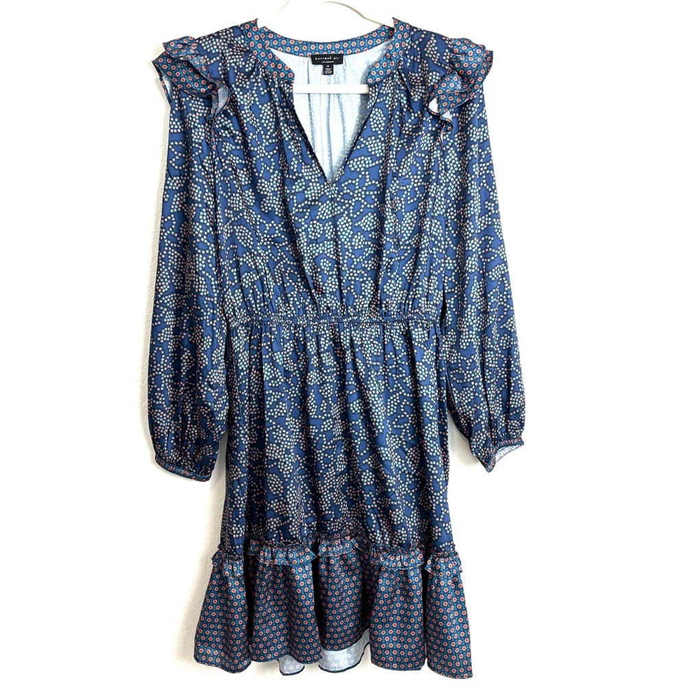Current Air Blue Floral Ruffle Long Sleeve Mini Dress Women’s Medium Boho Flirty